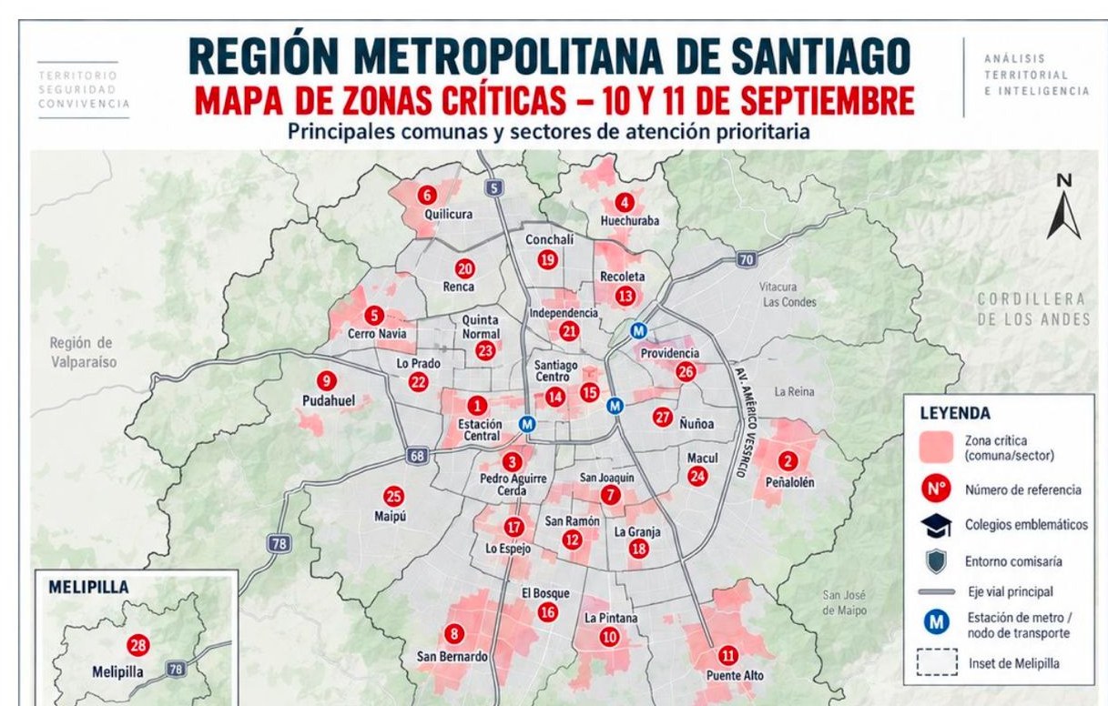 RM: mapa de zonas críticas para el 10 y 11 de septiembre en Santiago